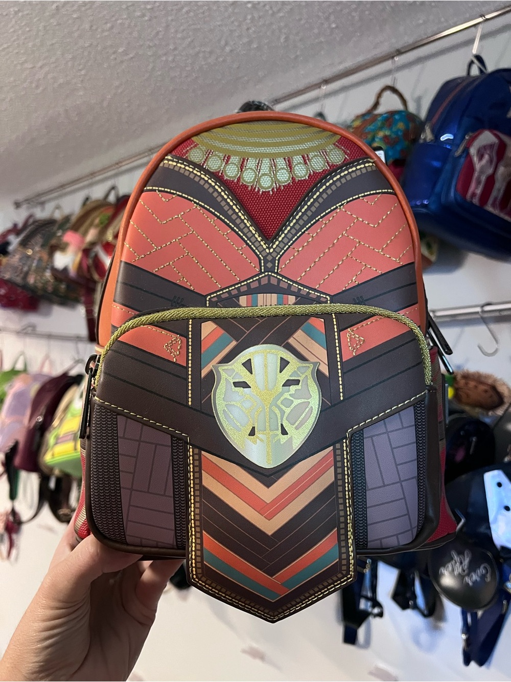 Colorful Wakanda Forever Black Panther  Geometric Mini Backpack - Coral & Black